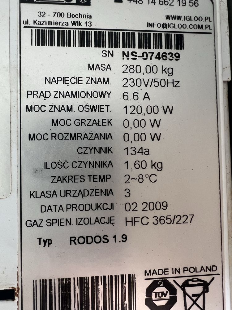 Regał chłodniczy Rodos 1.9 z agregatem. Szafa chlodnicza uzywana.