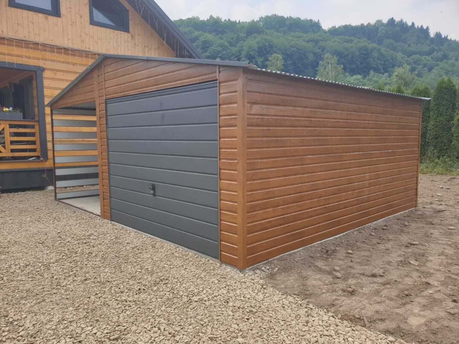Blaszany montowany garaż 6×6 m – złoty dąb jasny/ciemny grafit matowy