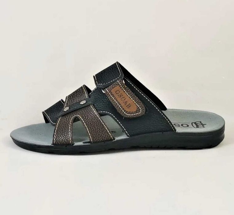 Шлёпанцы Мужские Тапочки Чёрные с Коричневым Кожаные Сланцы