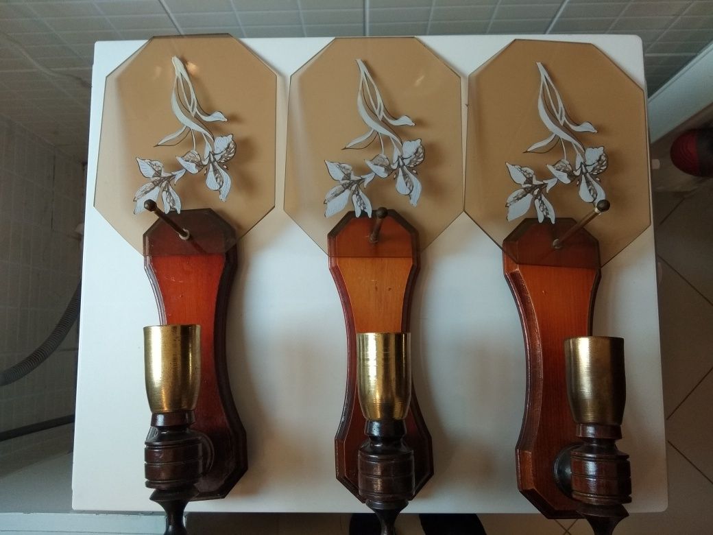 3 lampka kinkiety vintage  PRL z malowanymi szybkami, ręczn