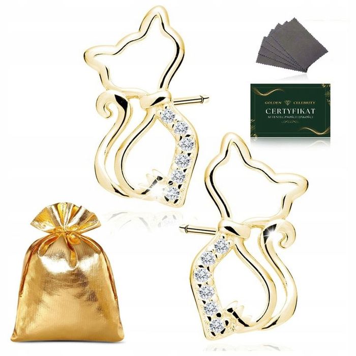 Złote Kolczyki Damskie Kotki Z Cyrkoniami Srebro 925 Pozłacane Na Prez