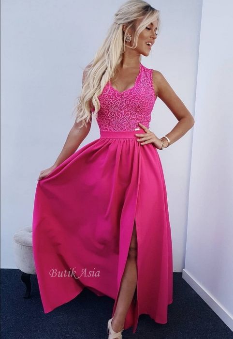 Sukienka różowa Glamour fuksja długa maxi 36/S nowa dekolt koronkowa
