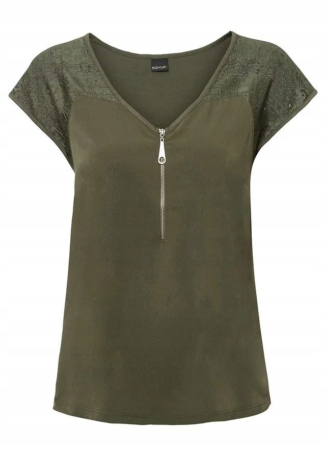 B.P.C bluzka top khaki z koronką i z zamkiem 44/46.
