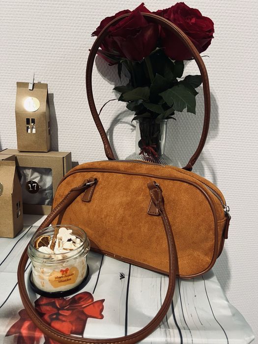 Karmelowa torebka damska zamszowa kuferek elegancka na ramie do ręki