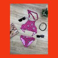 strój kąpielowy bikini kostium dwuczęściowy różowy szary trójkąty XS S