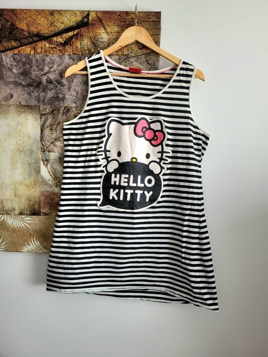Bawełniana bluzka bezrękawnik piżama Hello Kitty czarny biały paski 44