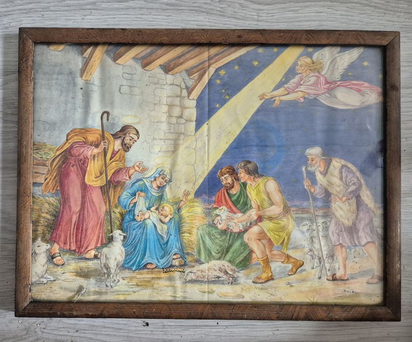 Stary obraz religijny z lat 50–70, przedstawiający Pokłon pasterzy.