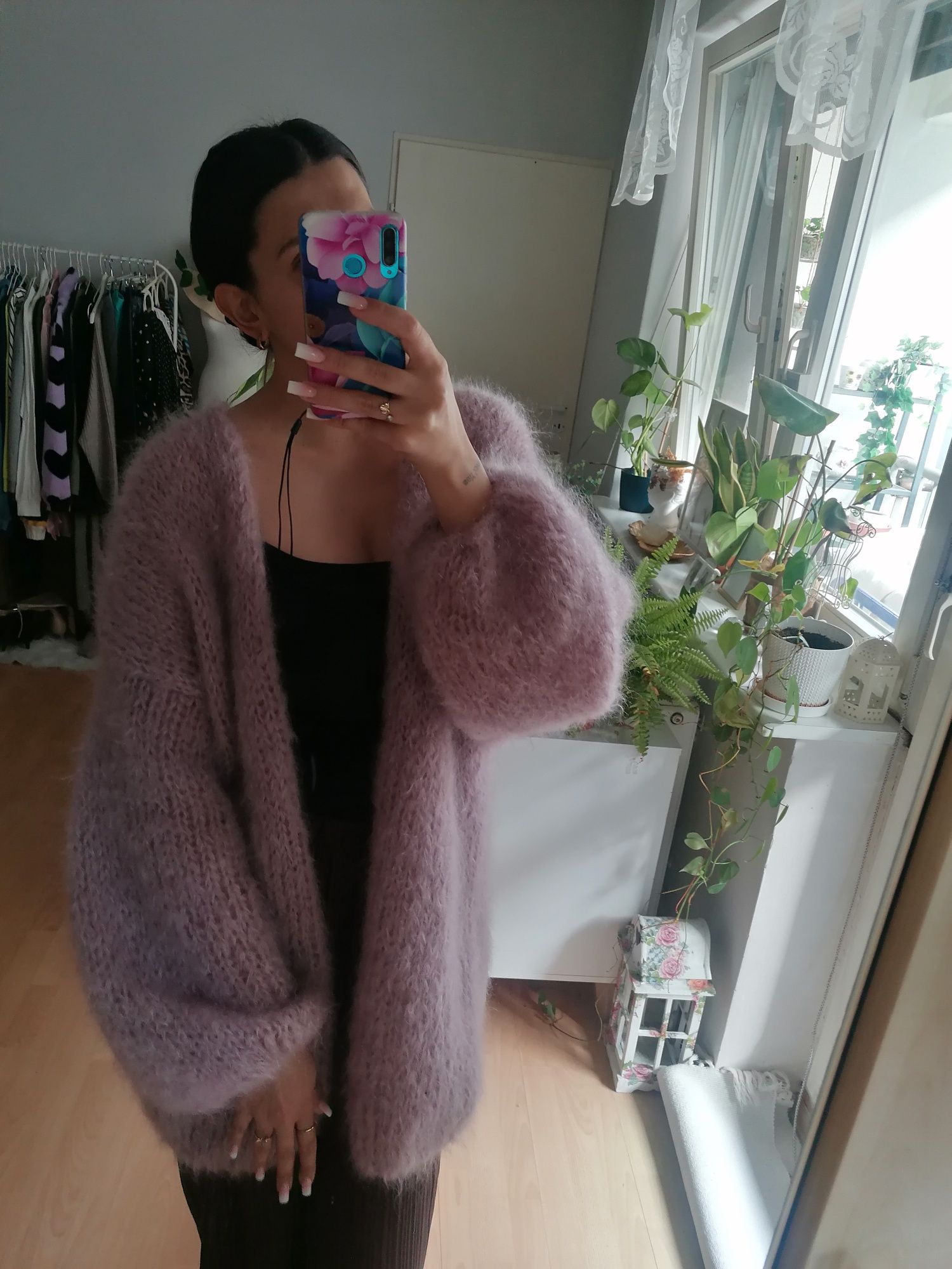Liliowy gruby ciepły sweter z moheru Nowy onesize M L XL
