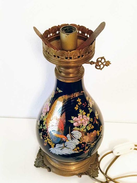 Luminária antiga em latão e vidro pintado à mão