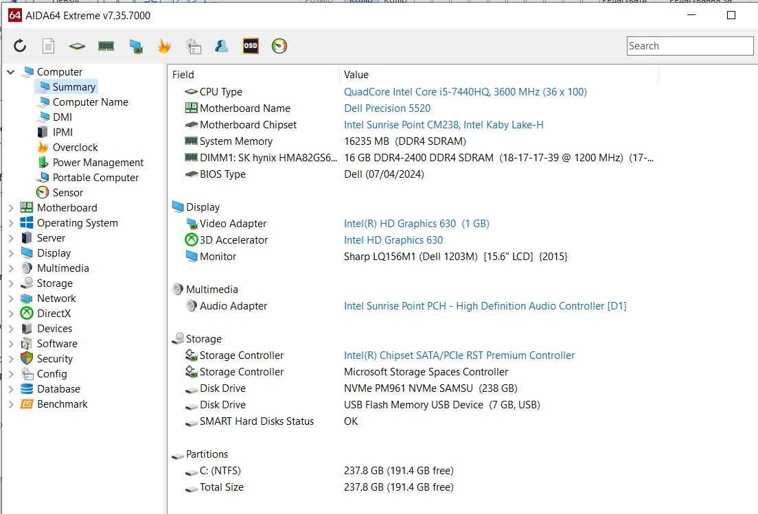 Dell Precision 5520 i5-7440HQ 16gb/256gb