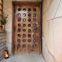Drzwi wejściowe, podwójne, drewniane z lat 70-tych.