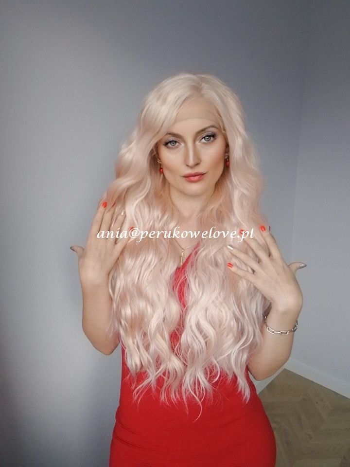 Peruka różowy blond lace front długie włosy fale na co dzień