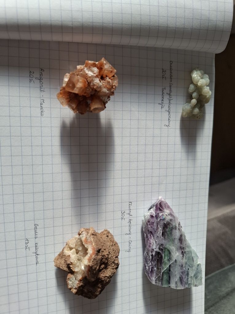 Minerały chalcedon winogron, aragonit, fluoryt, kalcyt