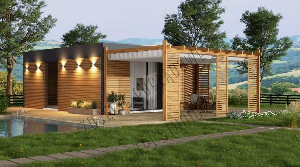 dom modułowy nowoczesny, dom szkieletowy, parterowy