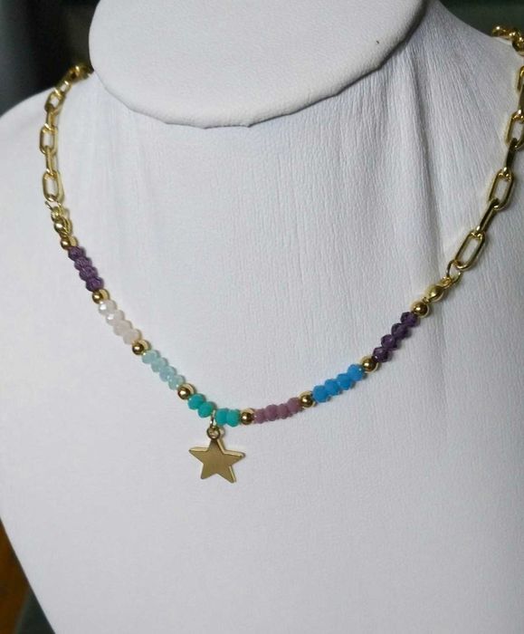 Colar Aço Dourado e Contas de Vidro Facetadas Coloridas NOVO - SALDO