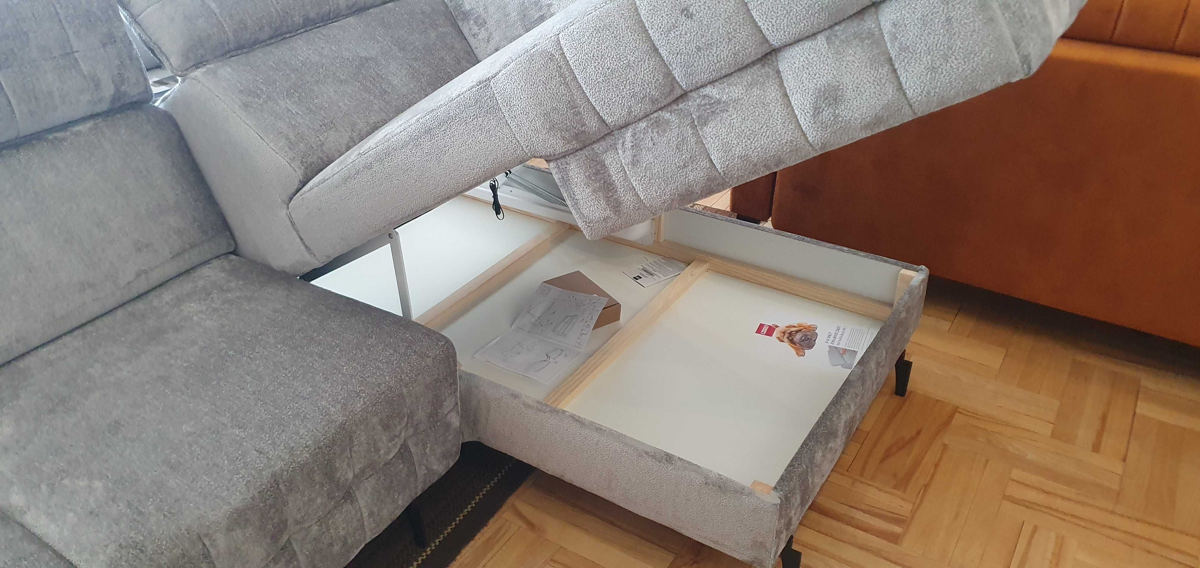 Szary narożnik MOLTA -15% z fun. spania, unoszone zagłówki USB Libro