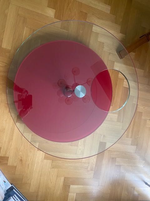 stolik szklany z nogą ze stali nierdz., czerwona półka -odbiór Olsztyn