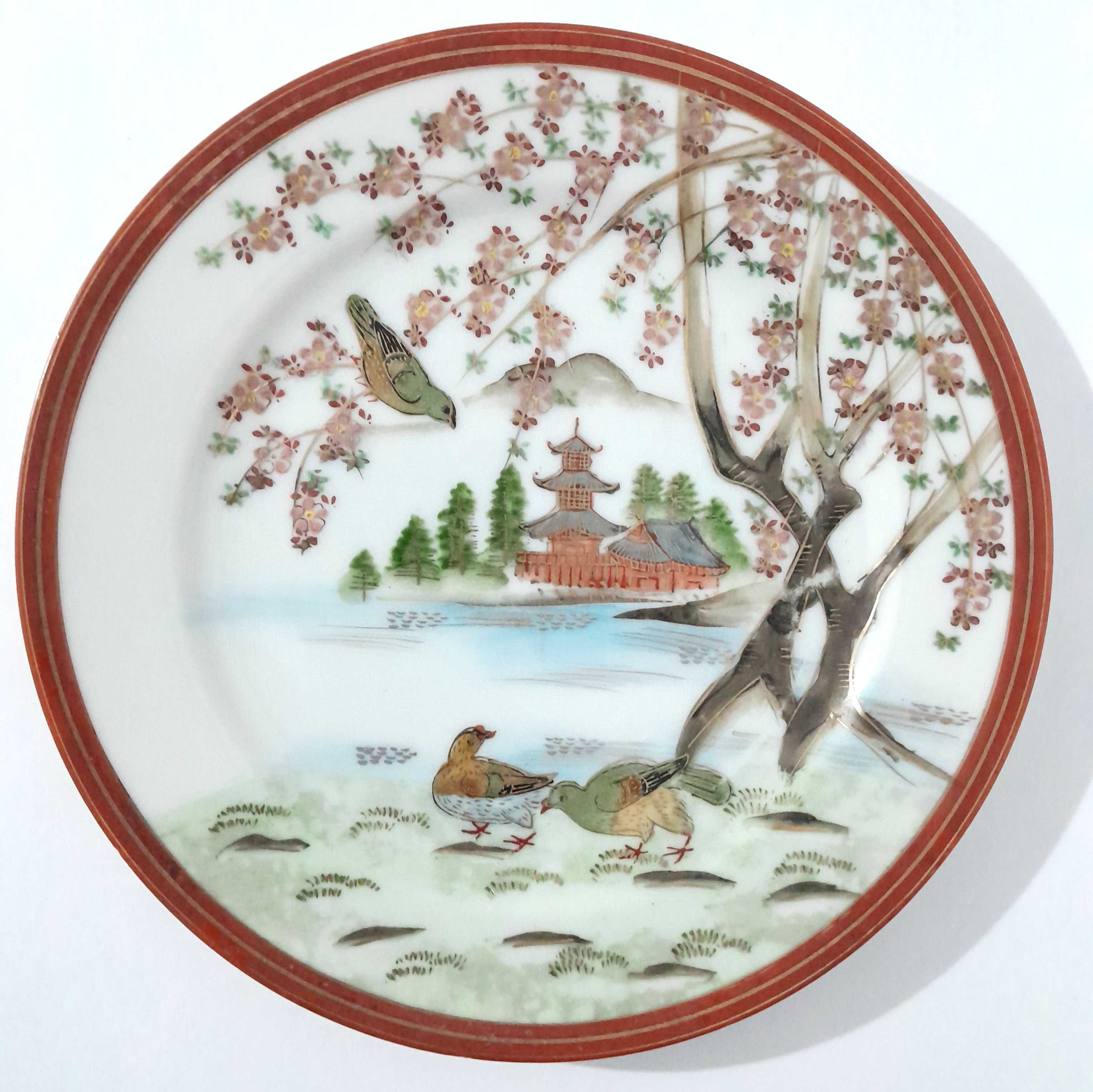 Prato e chávena de chá c/motivos orientais porcelana casca de ovo