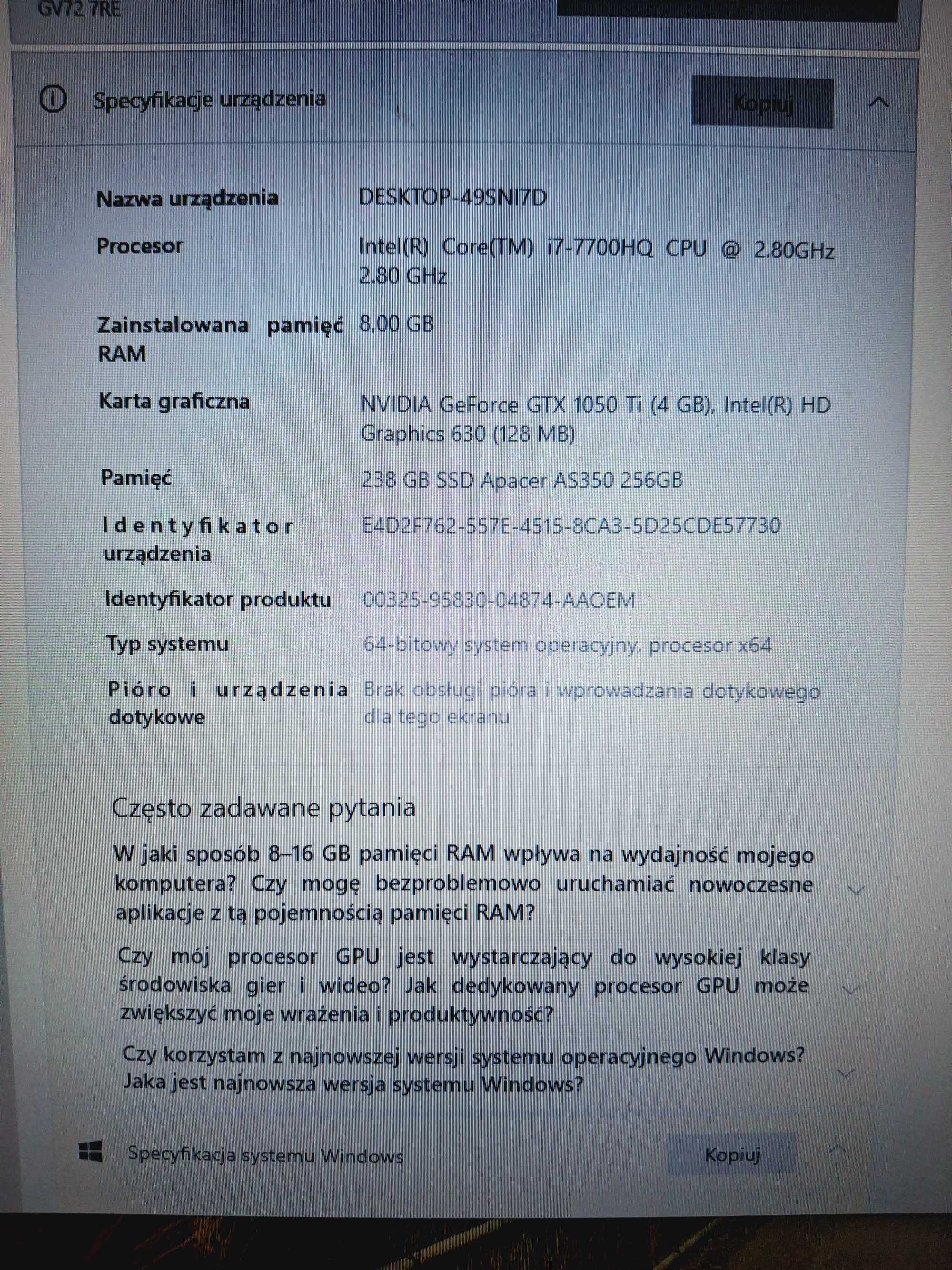 Laptop MSI MS-1799 8 GB RAM 256GB I7-7700 HQ NVIDIA GeForce GTX 1050
