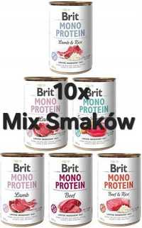 Brit Mono Protein 10x + Gratis, Mix Smaków Bez Glutenu Soi Puszki 400g