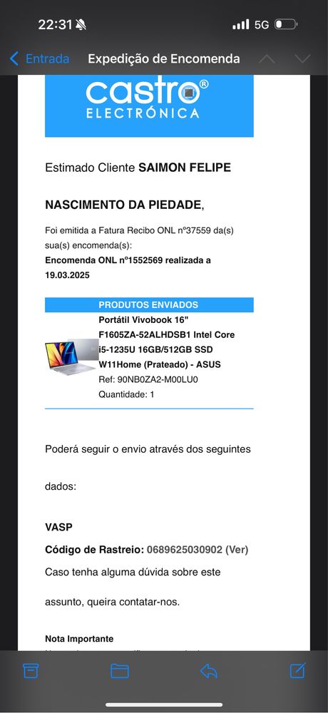 Portatil ASUS VIVOBOOK16 com FATURA