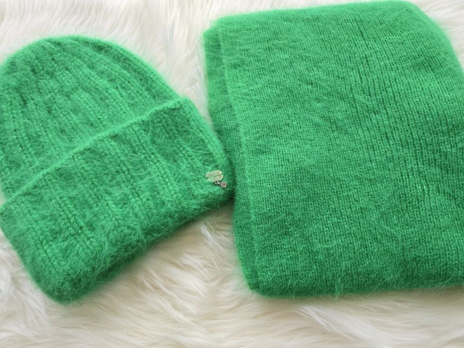 Komplet Angora 2 częściowy : Czapka + szal Zielony