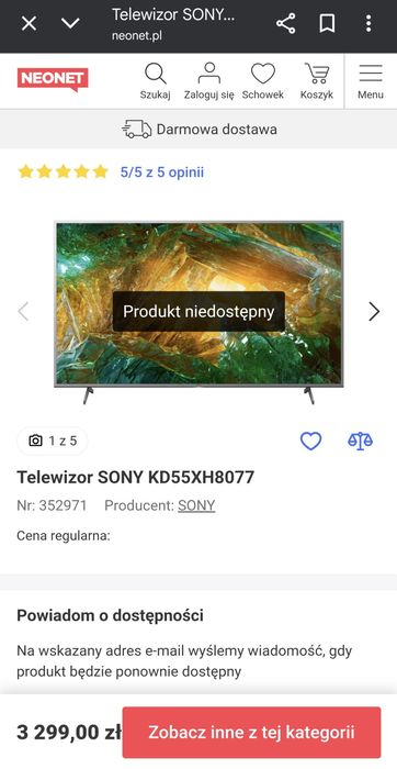 Smart Tv Led 55 cali  Sony KD-55XH8077 4K Android do powieszenia