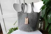 Torba szydełkowa typu shopper z podszewką, kolor stalowy, bawełna