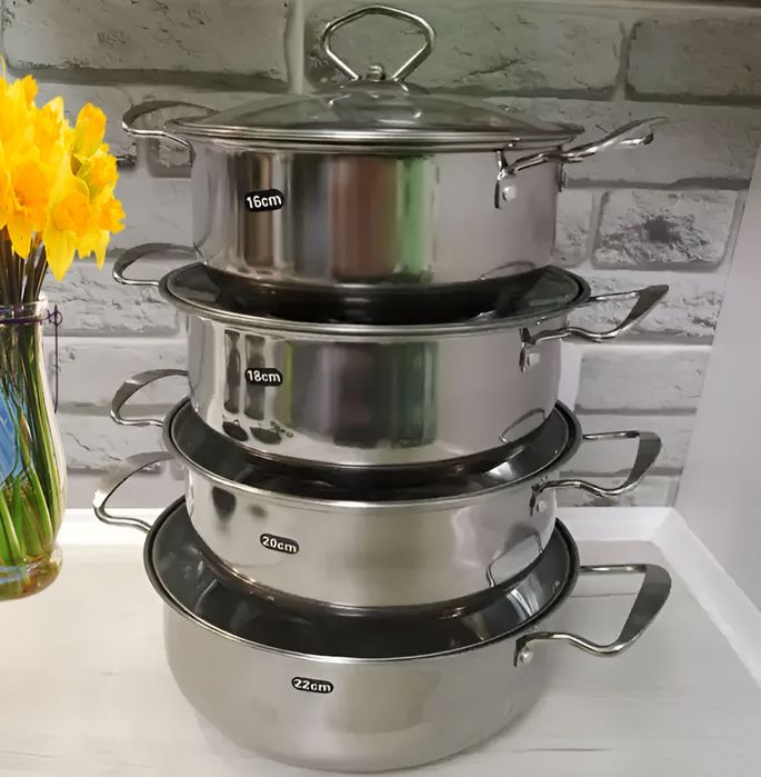 4 кастрюли с крышками, кастрюля с нержавейки, набор кастрюль, посуда