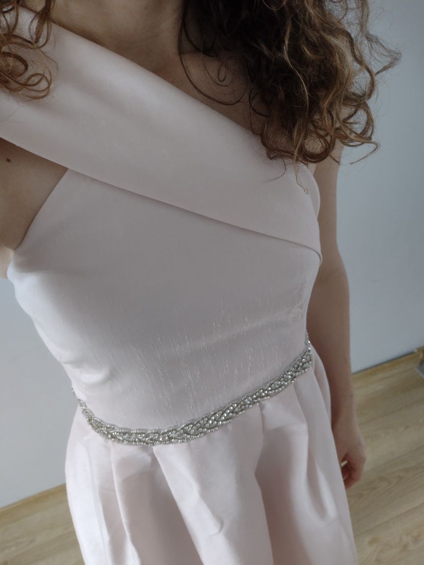 Sukienka asymetryczna wesele, świadkowa, S/M, jasny róż