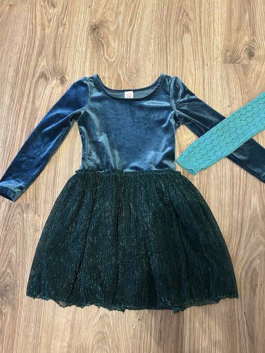 Sukienka aksamitna brokatowa 116 butelkowa zieleń + sweterek gratis!