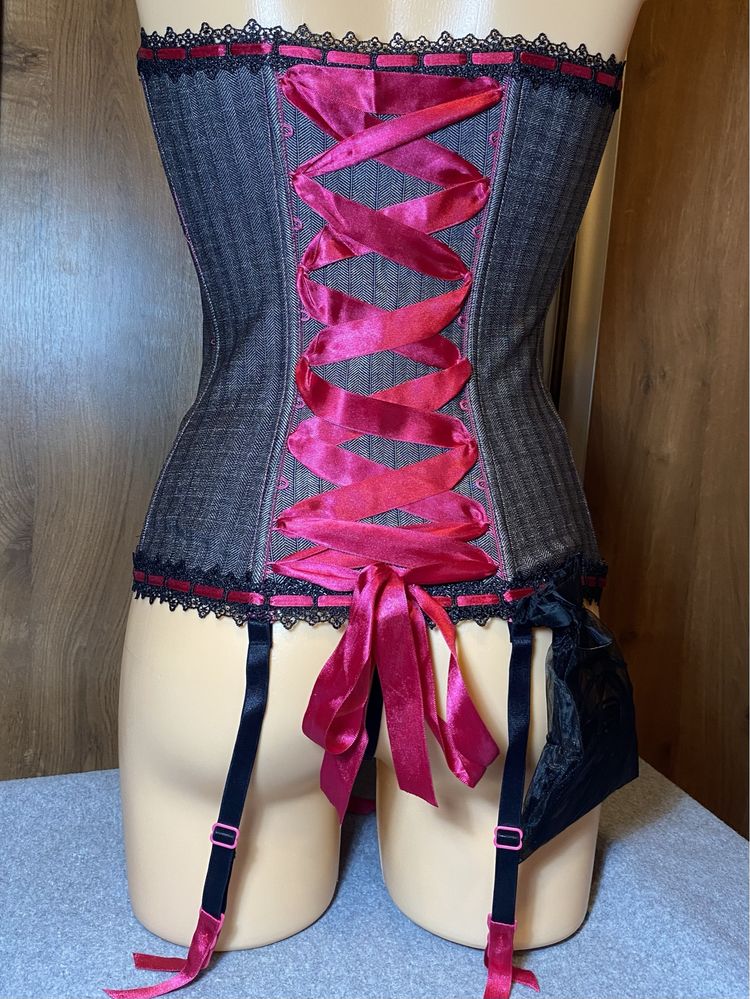 Gorset francuski zapinany z przodu ze stringami , XS/S, rowy