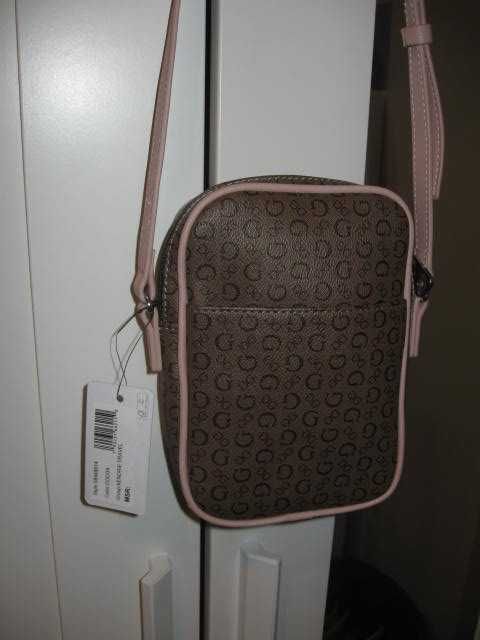 Oryginalna Damska Torebka Guess Listonoszka Logowana Brąz /Pudrowy Róż