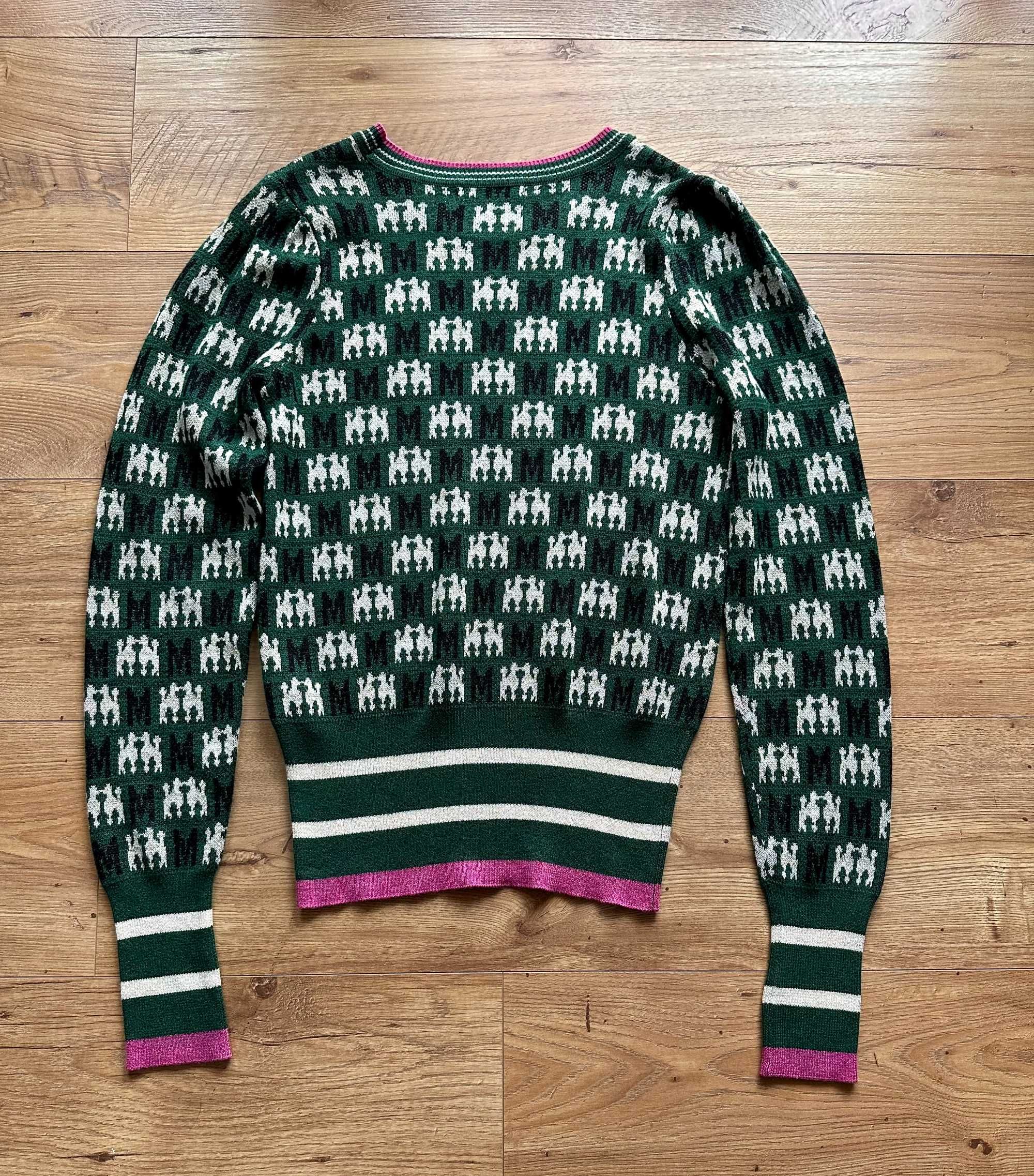 Sweter wiskoza Mohito XS 34 pudle psy printy butelkowa zieleń retro