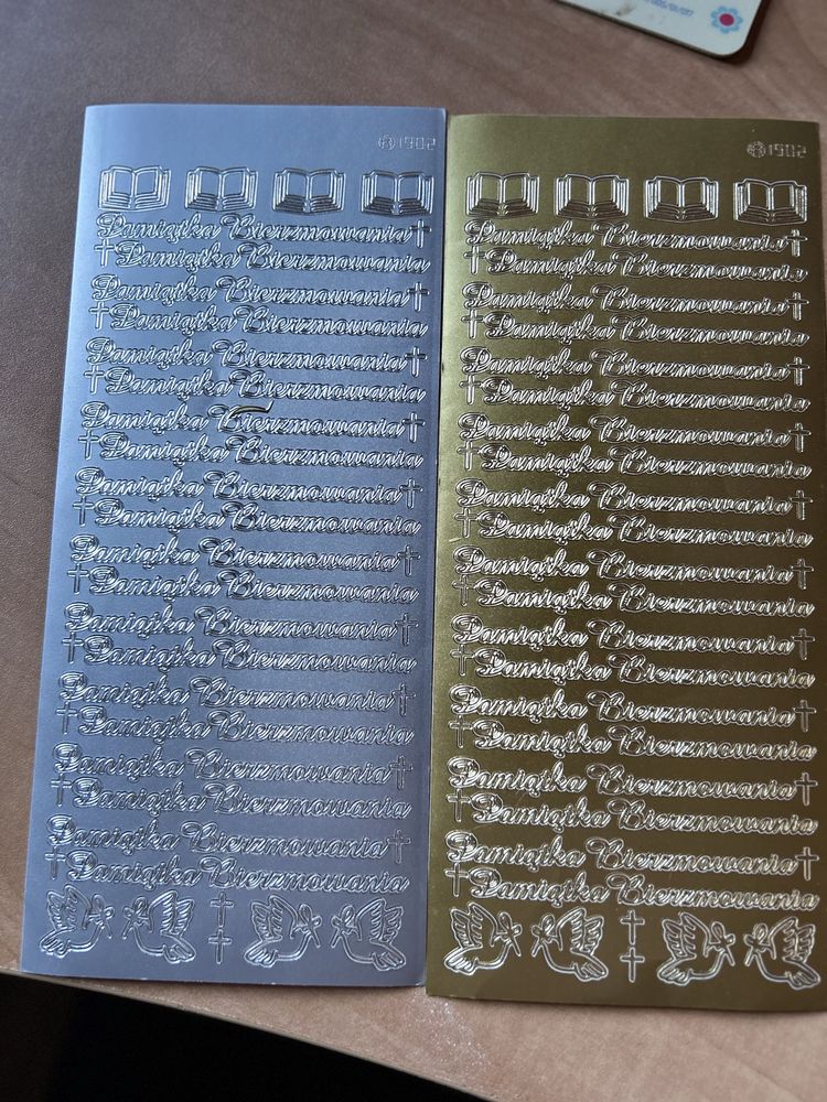Naklejki ażurowe stickersy złoty i stebrny napis Pamiątka Bierzmowania