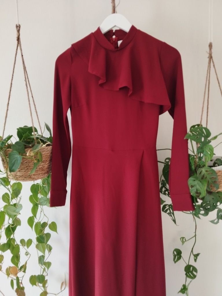 Kombinezon wieczorowy, elegancki, z szerokimi nogawkami, burgundowy, b