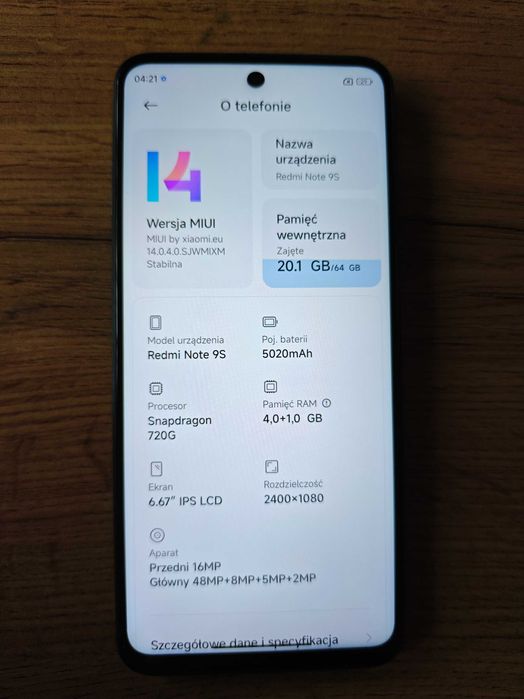 Xiaomi Redmi Note 9S 4/64GB | Sprawny | MIUI 14 | Pęknięty tył
