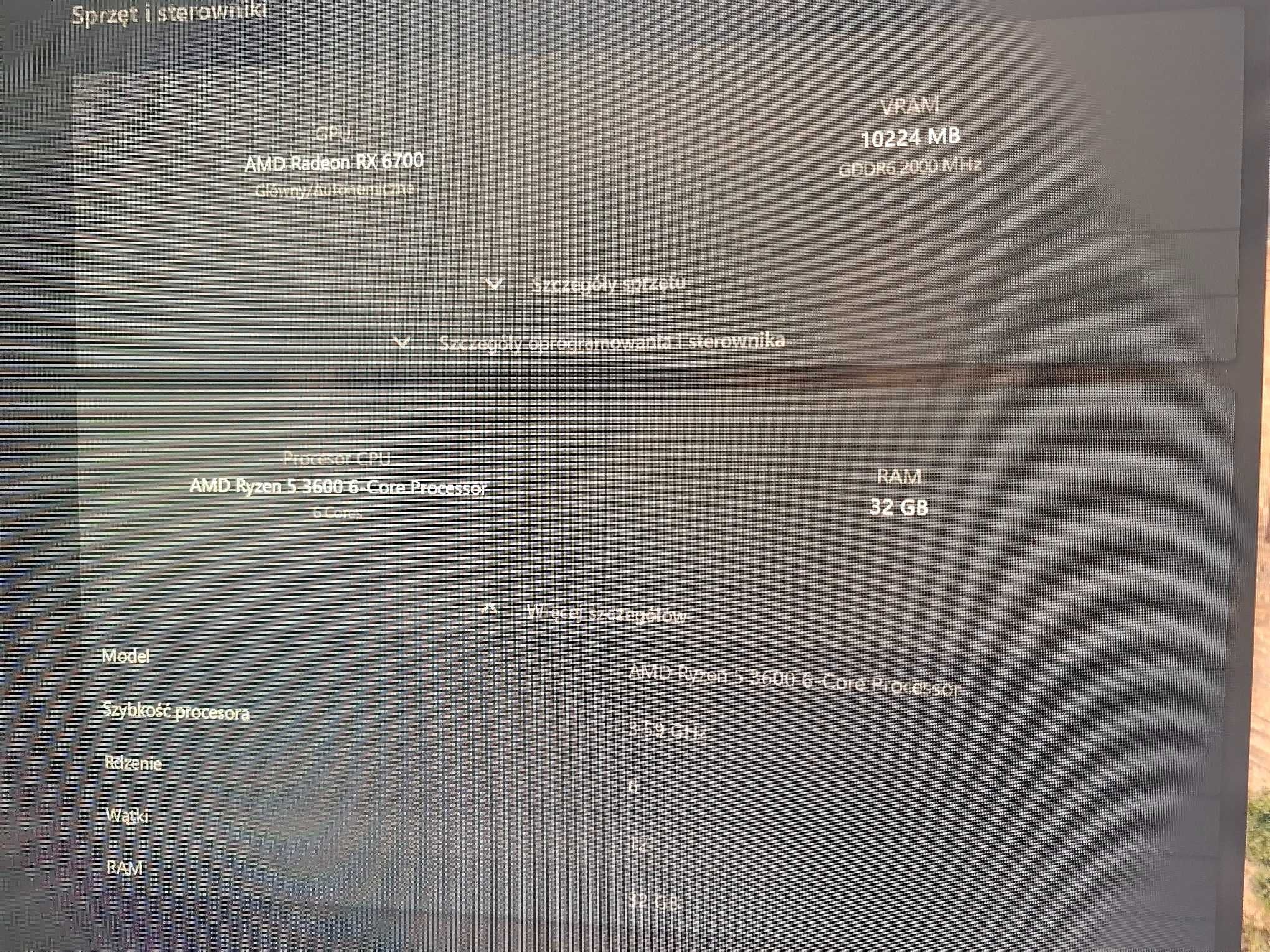 Komputer stacjonarny ryzen3600/rx6700/32RAM