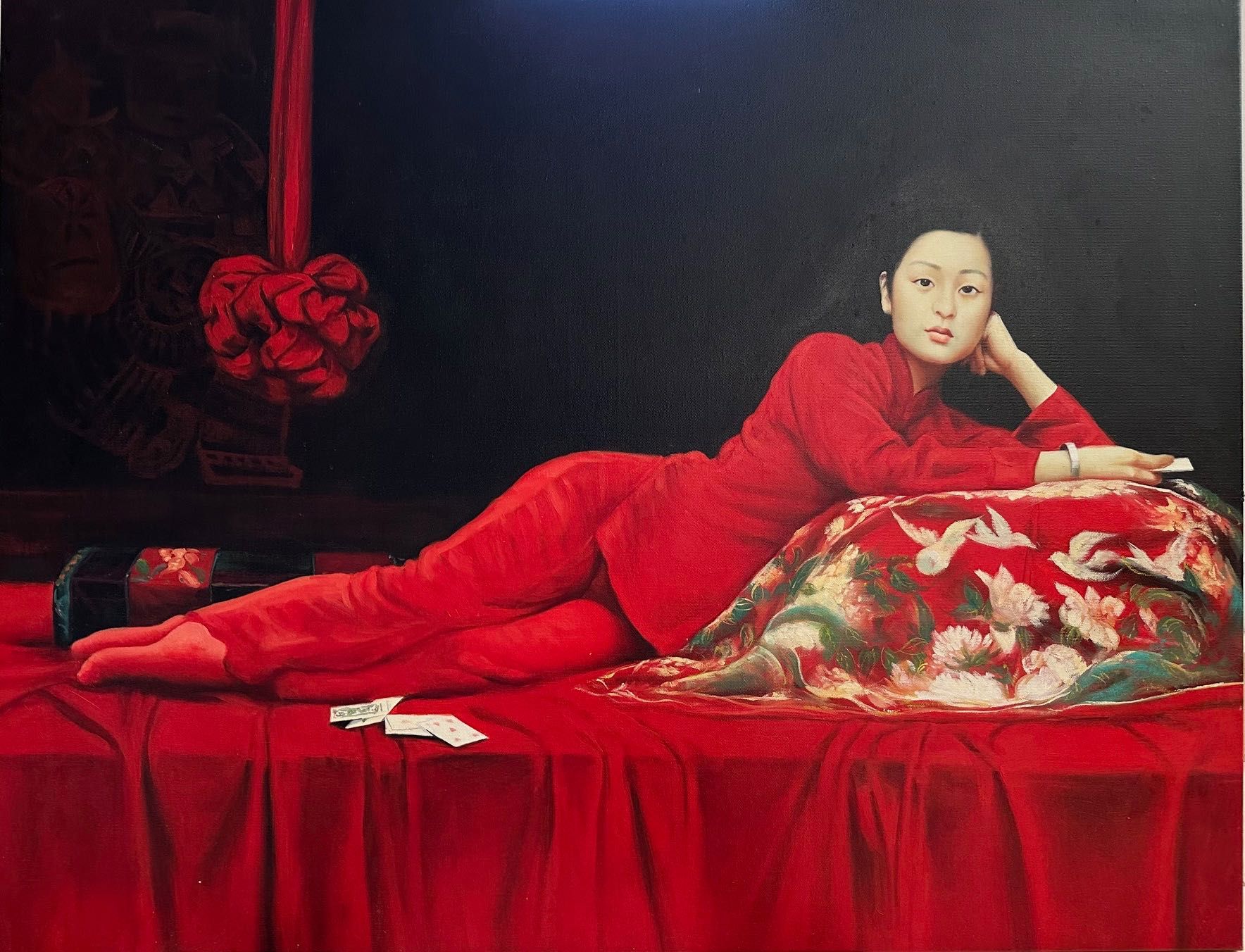 Pintura a óleo retrato de uma mulher asiática reclinada 118 x 93
