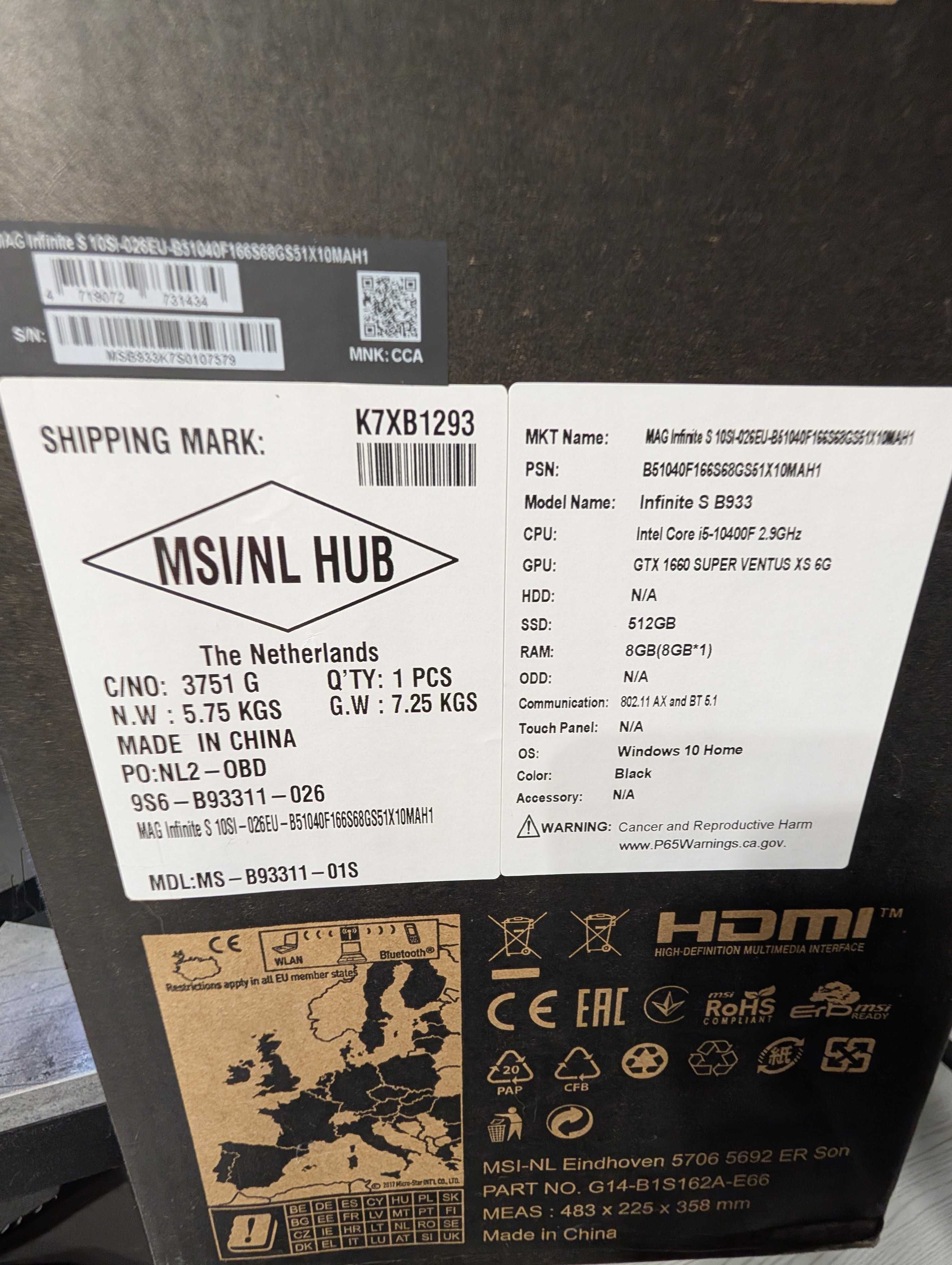 Komputer MSI MAG Infnite S i5-10400F/8GB/512/Win11/Nvidia GTX1660Super