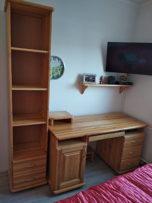 biurko z regałem słupkiem i półką - prawdziwe drewno