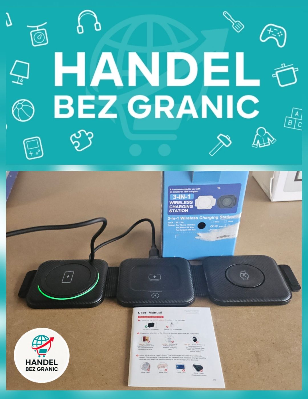 Bezprzewodowa stacja ładująca 3 w 1, ład. Telefonu, zegarka, słuchawek