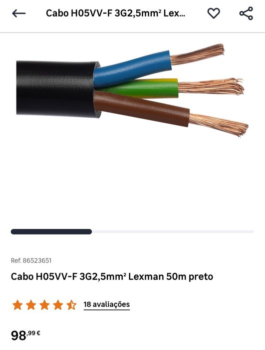 Cabo elétrico flexível 3x2,5mm - 50 metros