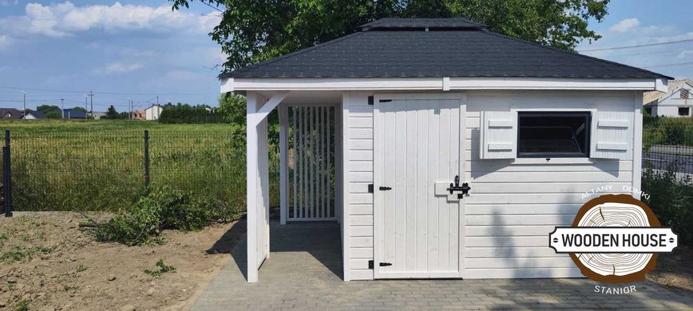 Domek narzędziowy "Świerk z Drewutnią" 3 x 4 biały domek