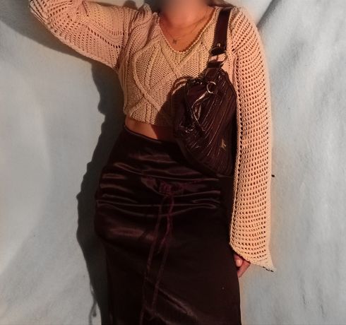 Spódnica midi satynowa brązowa długa vintage aesthetic