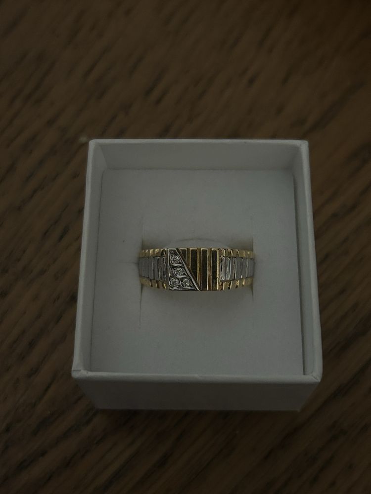 Anel masculino em ouro e ouro branco 19k pedras diamante com registo