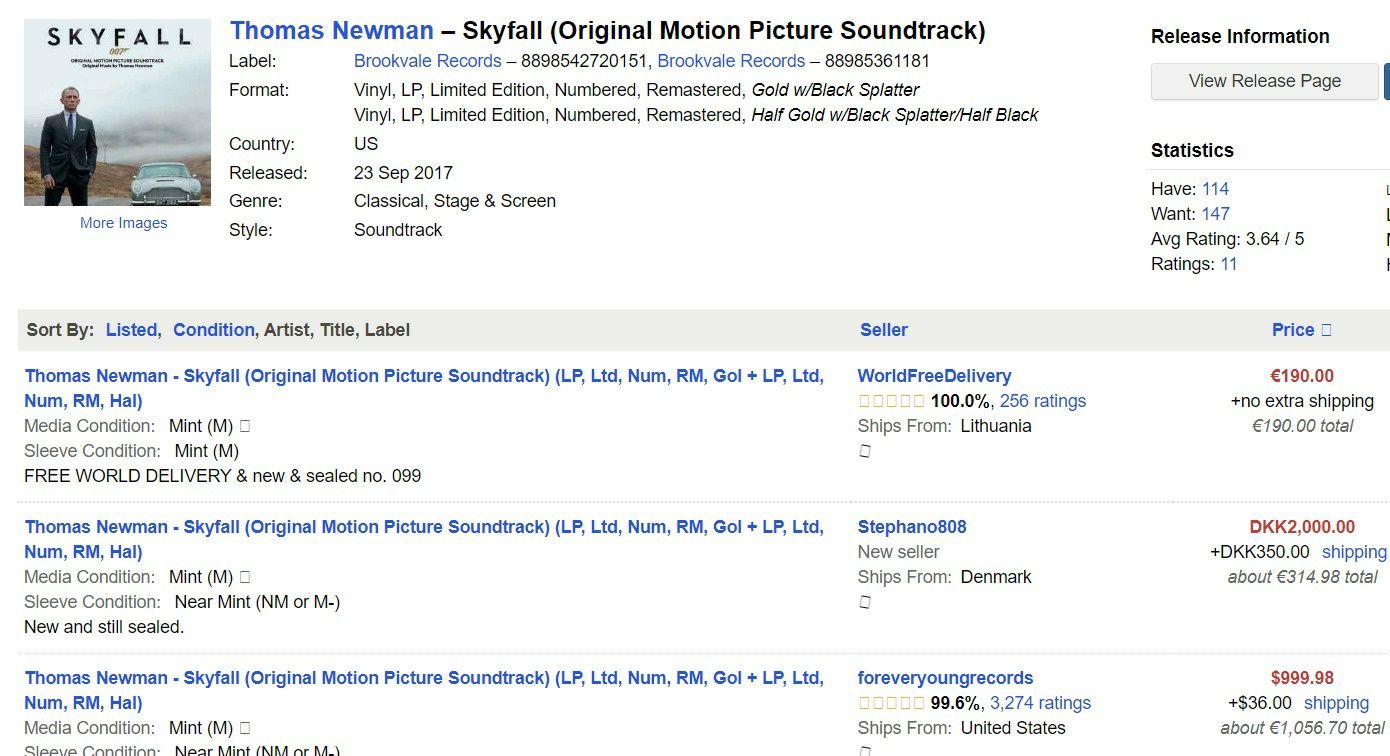 Skyfall Soundtrack winyl/vinyl limited