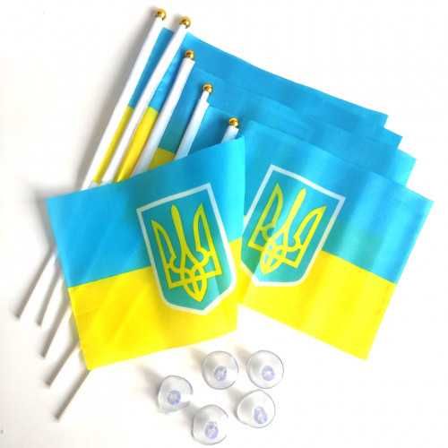 2 прапорці Жовто-блакитний Україна + Тризуб, 14х21 см, з присоскою