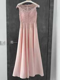 brzoskwiniowa pudrowy róż sukienka maxi cekiny koronkowa