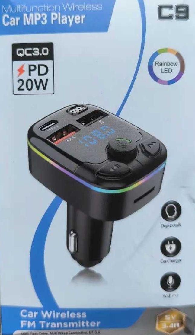 Transmiter samochodowy FM, bluetooth, 2xUSB, 1x USB-C